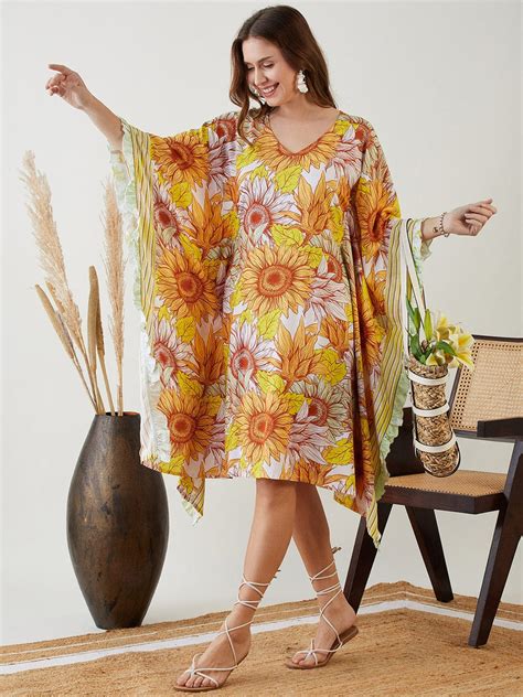 Buy Yellow Sunflower Ruffles Kaftan Beach Dress | The Kaftan Company