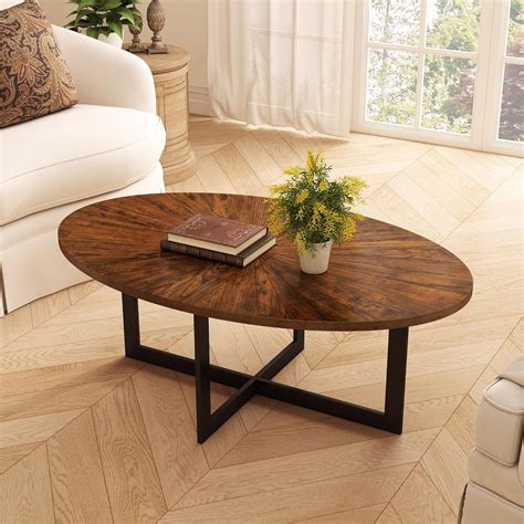 Solid Wood Contemporary Oval Coffee Table with Cross Metal Legs - On ...