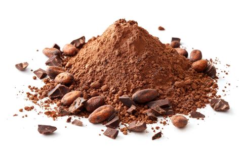 Pile of cocoa powder with cacao beans and cocoa nib isolated on white ...