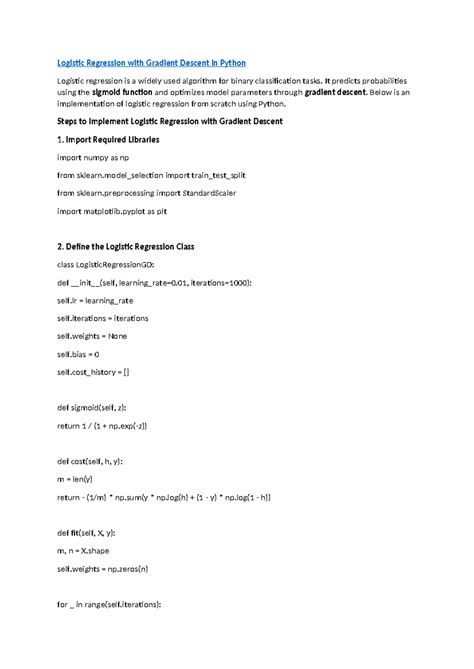 Logistic Regression (LR) Implementation with GD in Python - Studocu