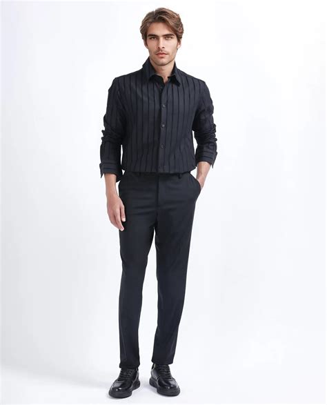 Rare Rabbit Men's Tener Black Cotton Striped Print Regular Fit Full Sl