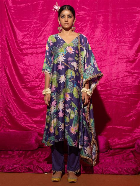 Purple Printed Chanderi Silk Suit- Set of 3