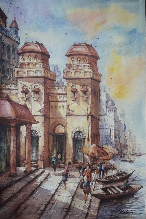 "Banaras Ghat 11": Light Brown Watercolor Painting by SHUBHASHIS MANDAL ...