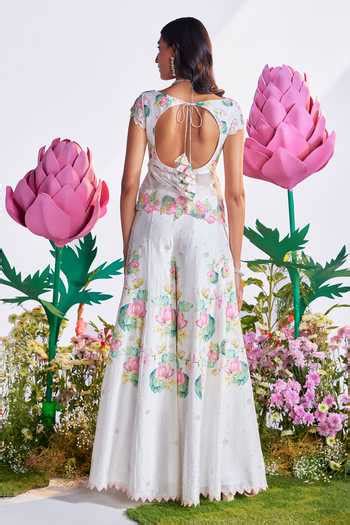 Buy White Organza, Silk Sequins, Beads Lotus Embroidered Peplum Top ...