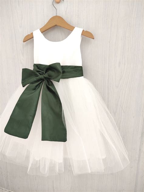Flower Girl Dress Olive Green, White Tulle and Bow Sash, Fall Flower ...