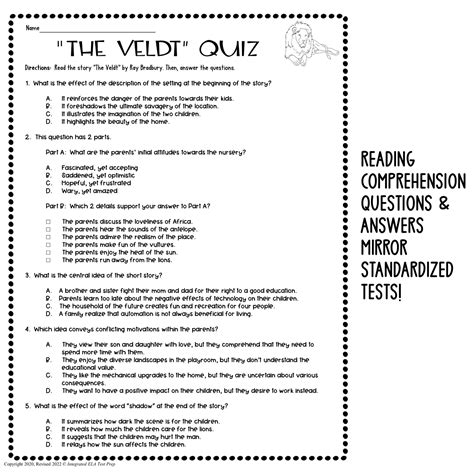 The Veldt Quiz Short Story Comprehension Questions PDF Ray Bradbury ...