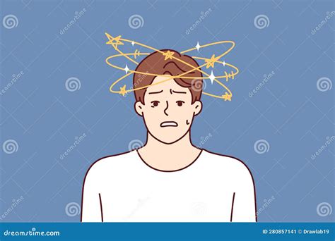 Man with Dizziness and Stars Flying Around Head Looks at Camera in ...