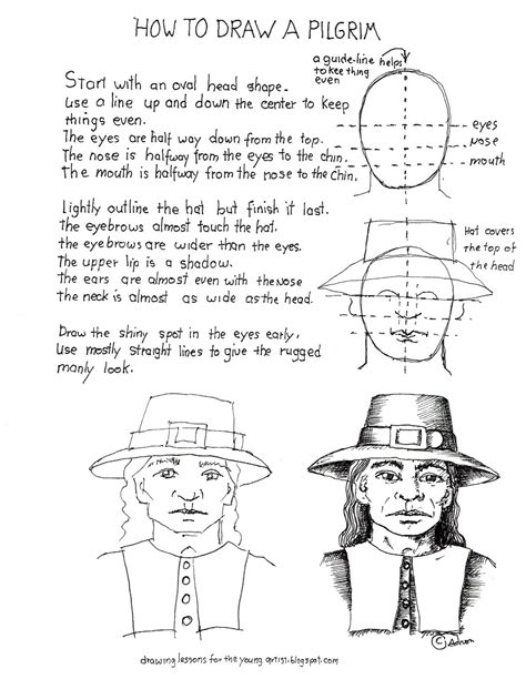 How to Draw Worksheets for The Young Artist: How To Draw A Pilgrim Man ...