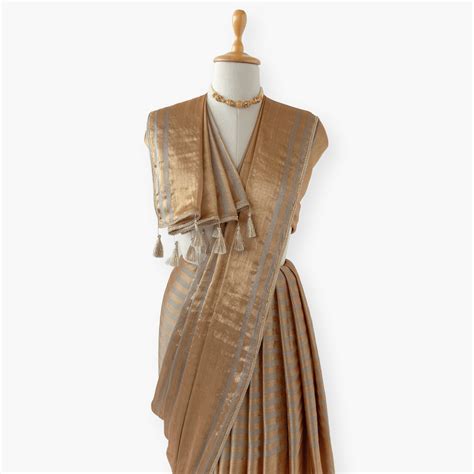 Golden Brown Drapes of Sona Two Tone Thin Stripes Pure Tissue Silk Sar ...