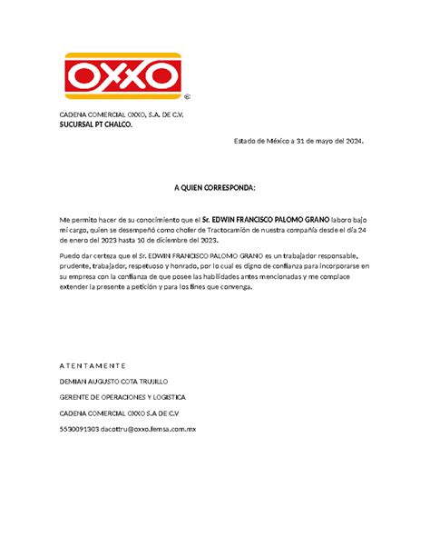 Carta DE Recomendacion OXXO - CADENA COMERCIAL OXXO, S. DE C. SUCURSAL PT CHALCO. Estado de ...