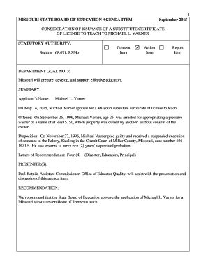 Fillable Online dese mo 1 MISSOURI STATE BOARD OF EDUCATION AGENDA ITEM ...