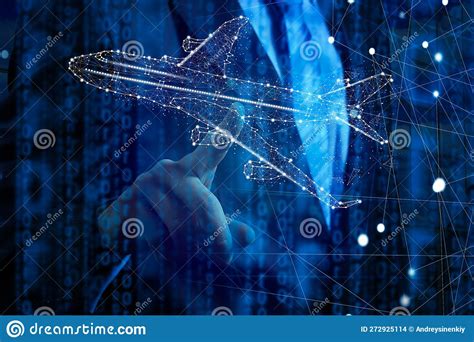 Jet Engine Augmented Reality Hologramm. Specialists Work in Technological Plane Development ...