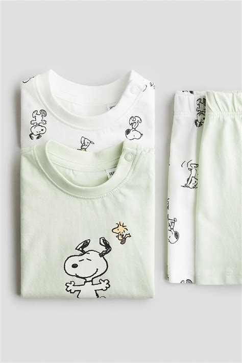2-pack cotton pyjamas - Light green/Snoopy - Kids | H&M IN