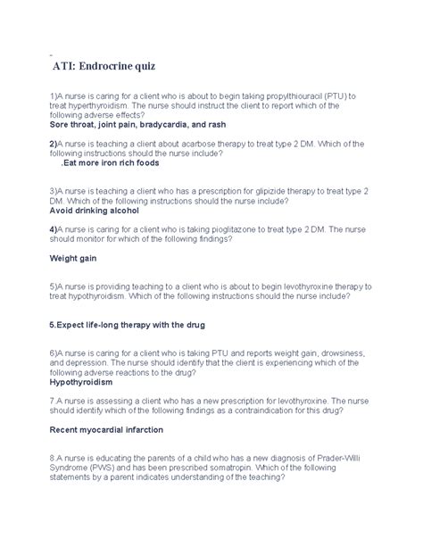 ATI 102 Endocrine Quiz Notes: Key Concepts and Patient Care - Studocu
