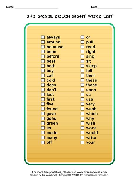 Dolch Sight Words Lists for Pre-K, Kindergarten, 1st, 2nd & 3rd Grade