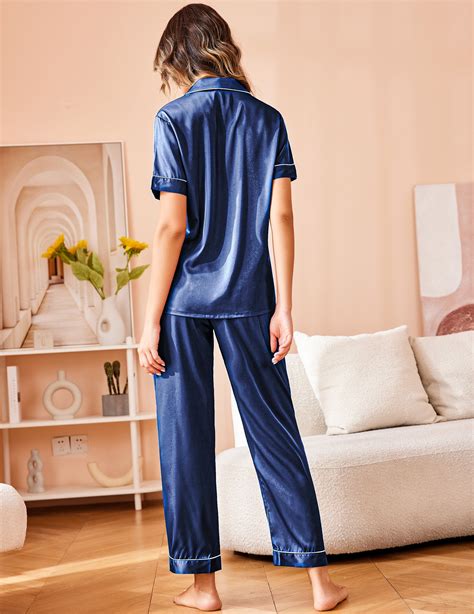 Ekouaer Short Sleeve Silk Satin Pajamas Set