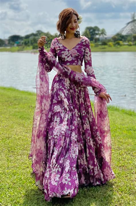 Purple Floral Printed Lehenga Choli with ruffled stitch patt