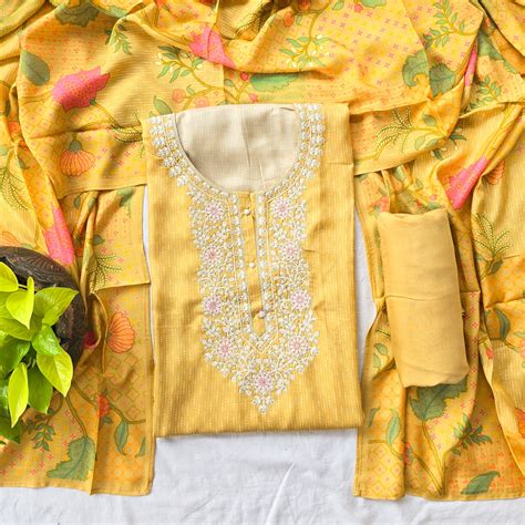 MISHA - Muslin Self Design Top With Embroidered Yoke And Floral Dupatt ...