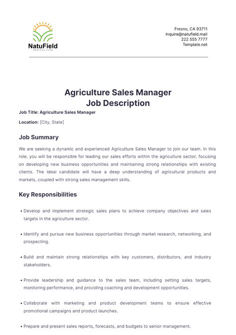 Free Agriculture Sales Manager Job Description Template to Edit Online