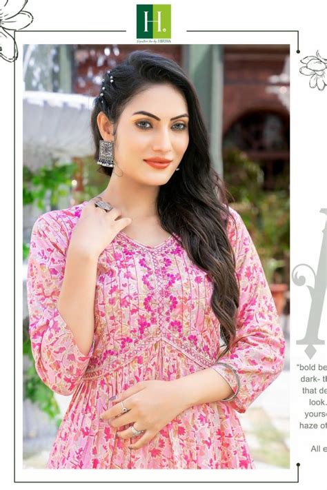 Hirwa Aaira Heavy Rayon Embroidery Naira Cut Kurti Collection