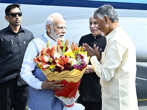 PM Modi arrives in Andhra Pradesh; CM Naidu welcomes him