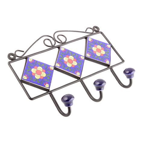 Navy Blue Yellow Floral Tiles Hooks