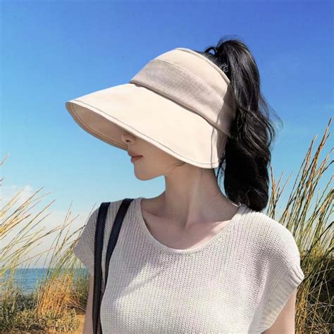 Wide Brim Summer Hats Women UV Protection Hat Sun Visor High Ponytail ...