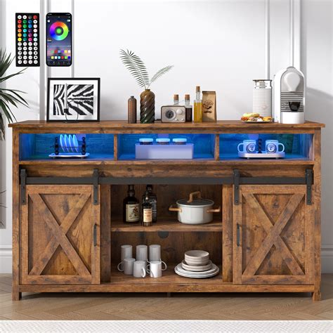 Buy Farmhouse Coffee Bar Cabinet with Power Outlet, Rustic Sideboard ...