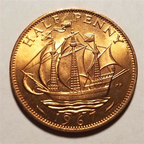 1967 Dei Gratia Regina FD half penny with Queen Elizabeth II & Ship on ...