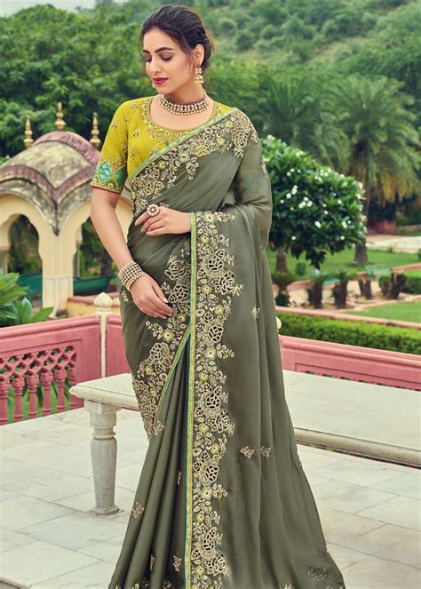 Buy Limed Ash Green Designer Embroidered Satin Silk Saree Online ...