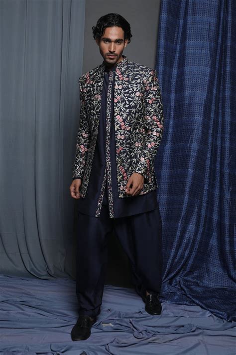 Navy embroidered open sherwani set – krishnamehtas