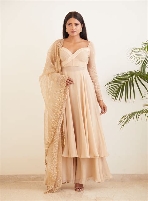 Beige Anarkali With Hand Embroidered Dupatta – K&A by Karishma and Ashita
