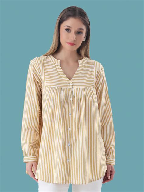 Cotton stripe yolk shirt with mandarin collar