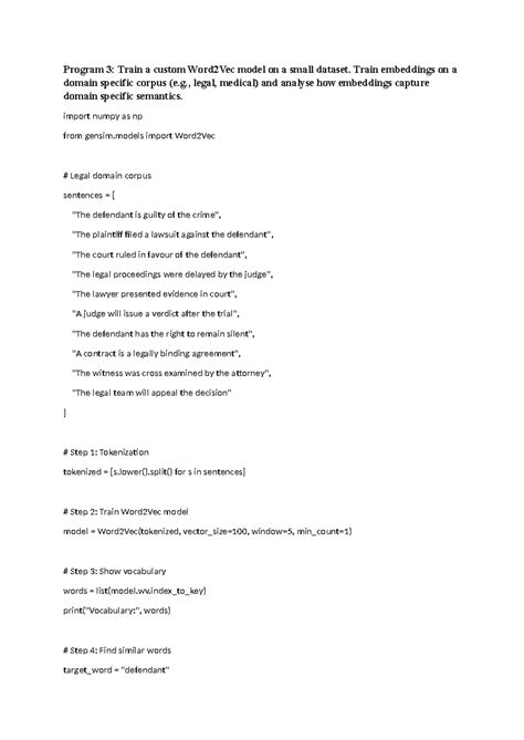Program 3: Custom Word2Vec Model for Legal Domain Analysis - Studocu