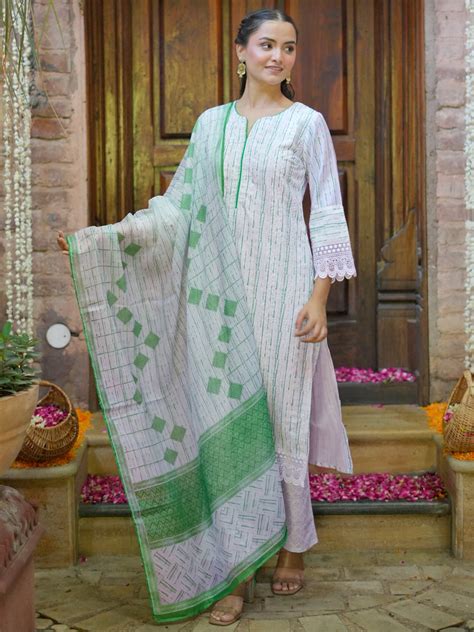 Buy Off White Embroidered Cotton Blend Straight Suit With Dupatta ...
