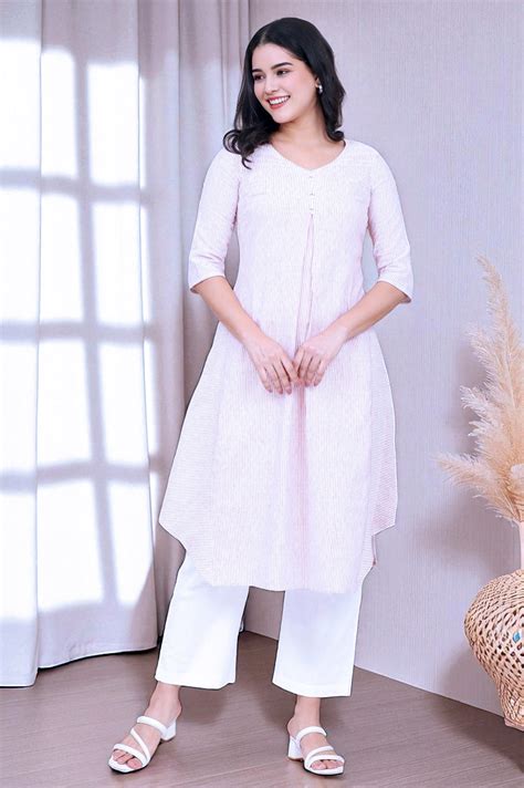 Buy Russet Orange Striped Cotton Flax Flared Kurta Online for Woman ...