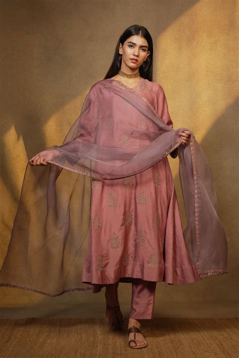 Onion Pink Hand Embroidered Cotton Silk Kurta with Pants and Dupatta ...