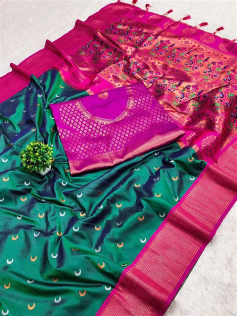 Panoply Rama Paithani Silk Saree With Magnetic Blouse Piece ...