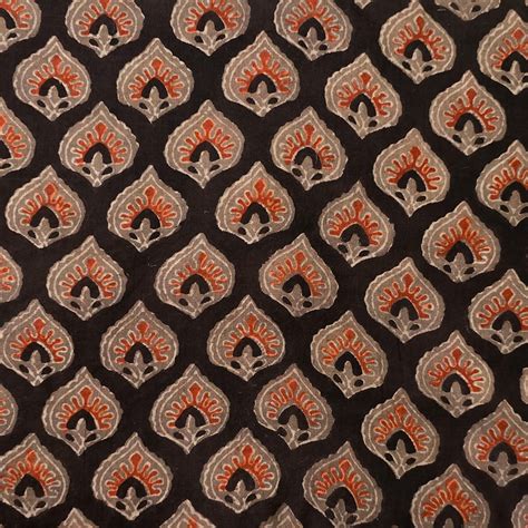 Pure Cotton Vanaspati Black With Rust Red Flower Bud Motif Hand Block ...