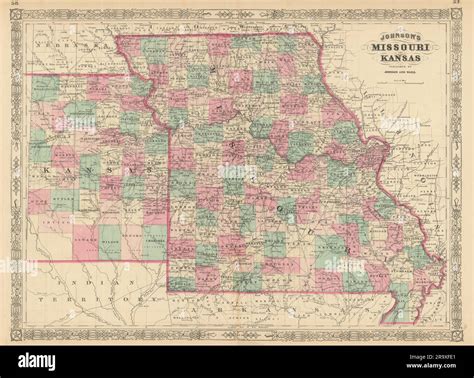 Johnson's Missouri & Kansas. US state map showing counties 1866 old Stock Photo - Alamy