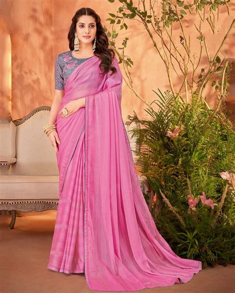Vishal Prints Deep Blush Pink Designer Chiffon Saree With Diamond Work