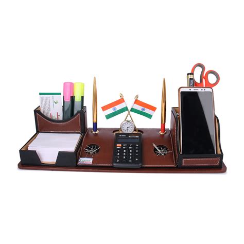 Rasper Brown Leather Multipurpose Desk Organizer Pen Stand Holder with ...