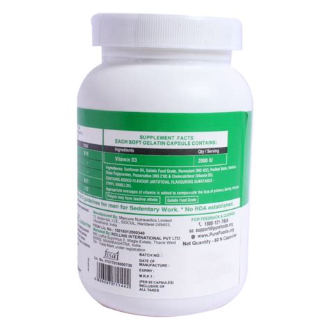 PureFoods Vitamin-D3 2000IU, 60 Softgel Capsules Price, Uses, Side ...