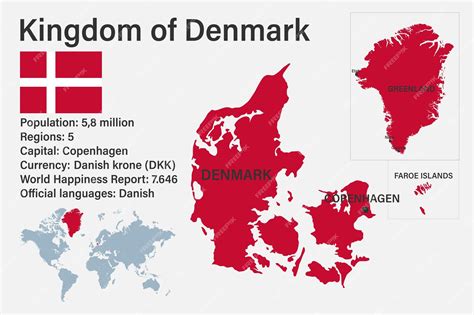 Premium Vector | Highly detailed kingdom of denmark map with flag capital and small map of the world