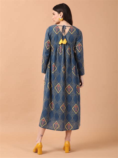 Leila Dress | Blue Printed Maxi Dress With Back Tie Ups | Untung