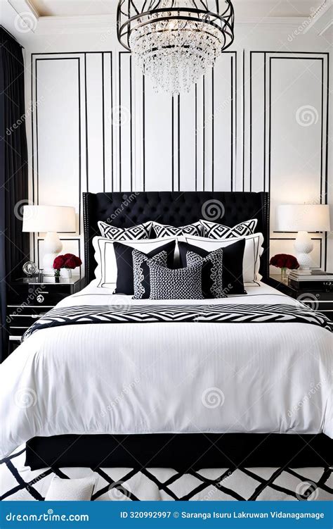 Luxurious Black-and-White Themed Bedroom with Modern Elegance Stock ...