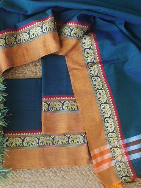 Blue and Green Dharwad Cotton Dress Material With Elephant Border ...