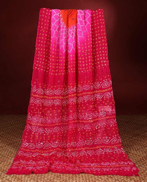 Fushcia pink Georgette Bandhani style Saree with all-over mirror work,