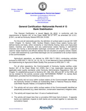 Fillable Online water ky General Certification--Nationwide Permit 13 ...