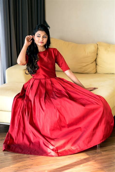 Women Red Taffeta Silk O-Neck Party Ball Gown- Adiba Fashion ...